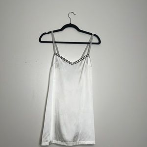 La Pearla white silk slip chemise w/ black and white lace trim + striped strap
